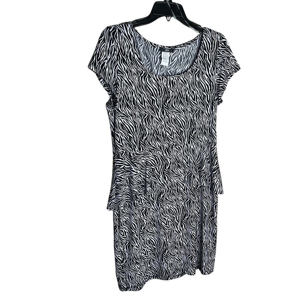 JBS Peplum Dress Knee Length Cap Sleeve Zebra Print Black White Womens Large NWT